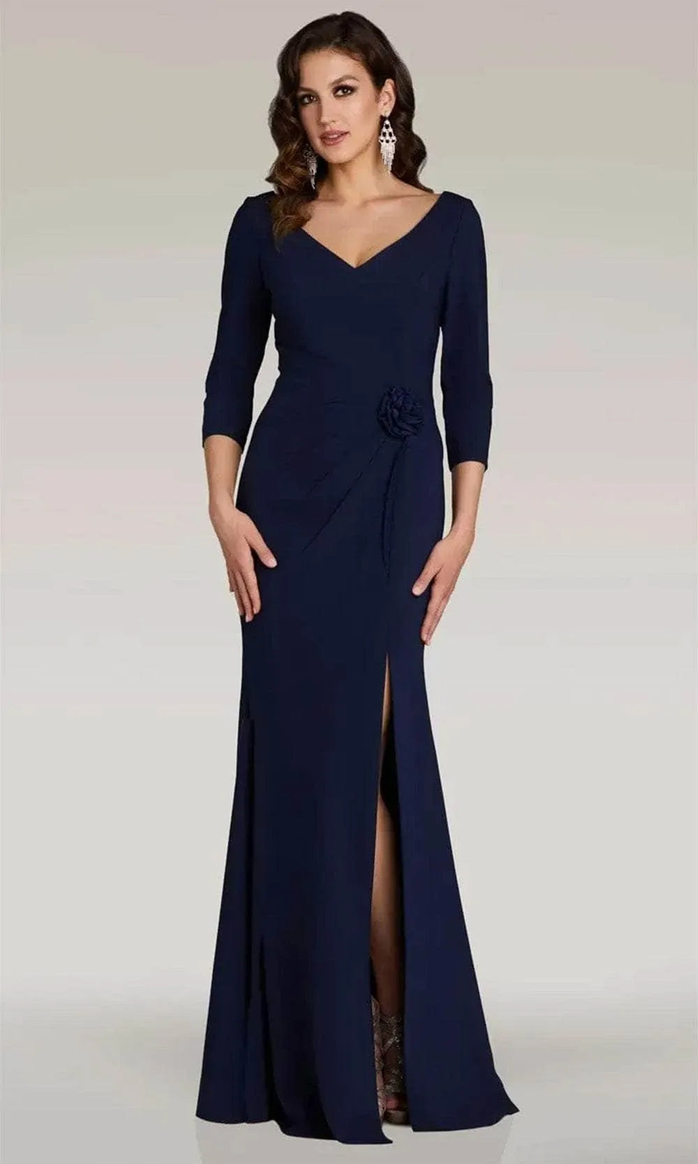 Elegant Navy Blue Evening Gown with V - Neckline 3/4 Sleeves Draped Waist Detail Floral Applique and High Side Slit for Formal Galas