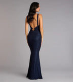 Elegant Navy Blue Glitter V-Neck Sleeveless Open-Back Mermaid Prom Dress for women