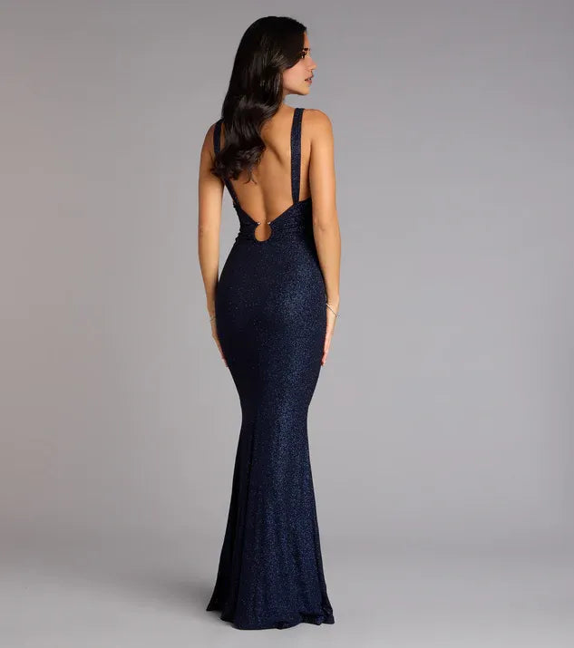 Elegant Navy Blue Glitter V-Neck Sleeveless Open-Back Mermaid Prom Dress for women