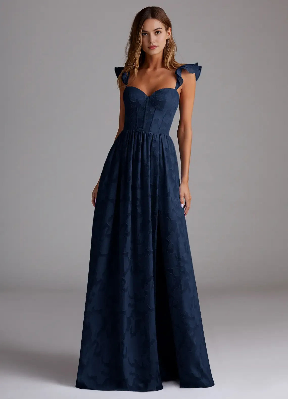 Elegant Navy Blue Jacquard Prom Dress with Ruffled Straps Sweetheart Neckline and Flowy Skirt for Formal Galas