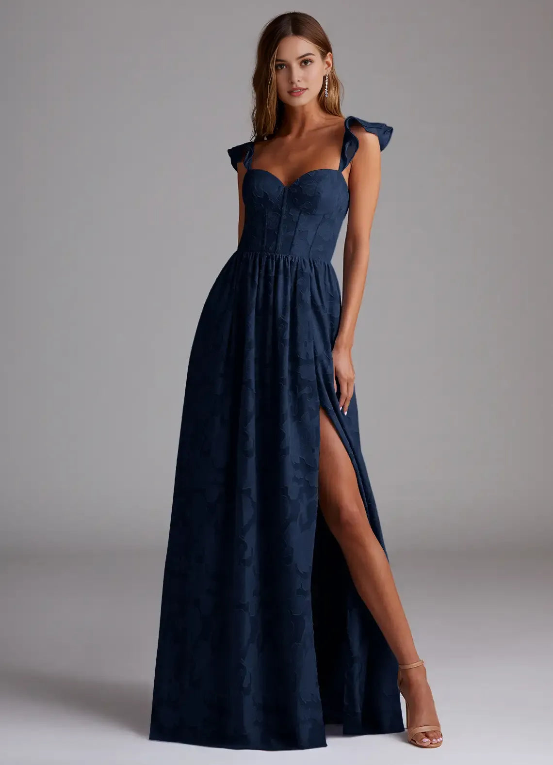 Elegant Navy Blue Jacquard Prom Dress with Ruffled Straps Sweetheart Neckline and Flowy Skirt for Formal Galas
