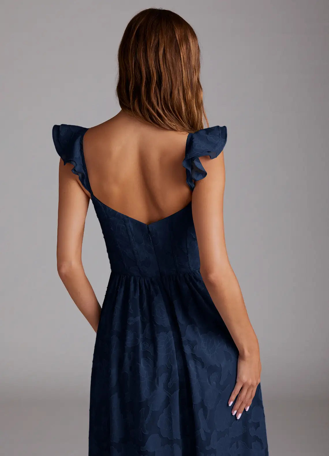Elegant Navy Blue Jacquard Prom Dress with Ruffled Straps Sweetheart Neckline and Flowy Skirt for Formal Galas