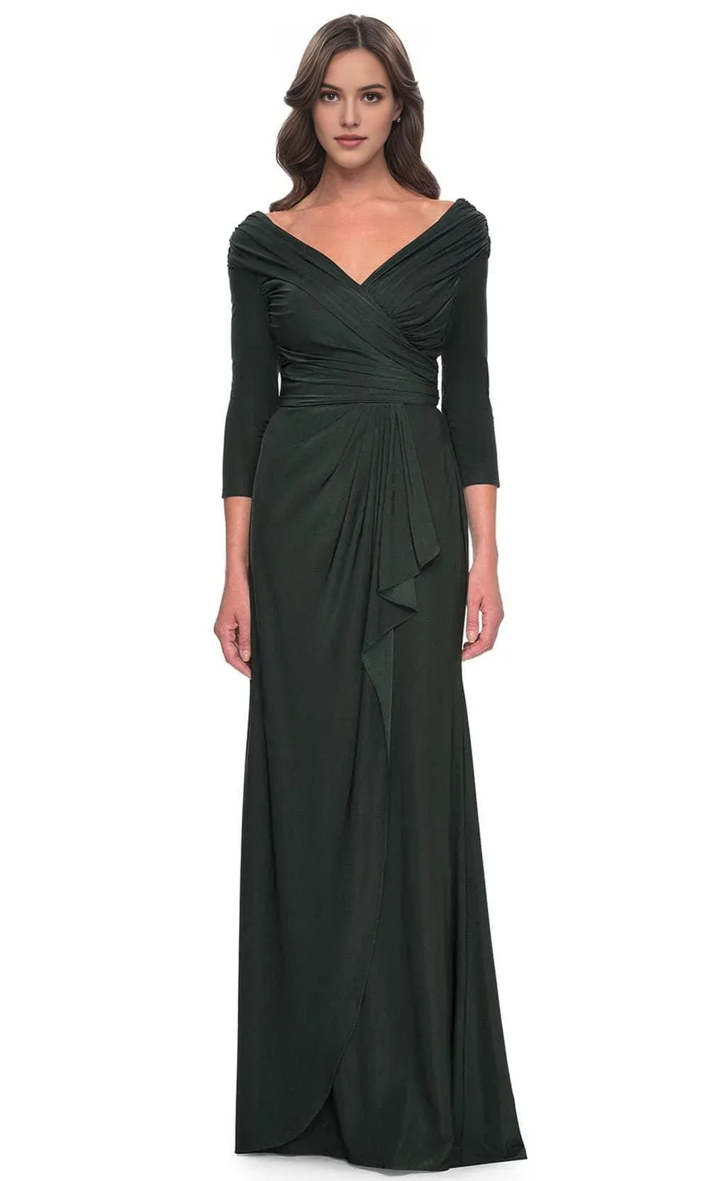 Elegant Navy Blue Long - Sleeve Evening Gown with Surplice V - Neckline Draped Bodice Asymmetric Ruffle Skirt and Figure Flattering Silhouette for Formal Black Tie Events