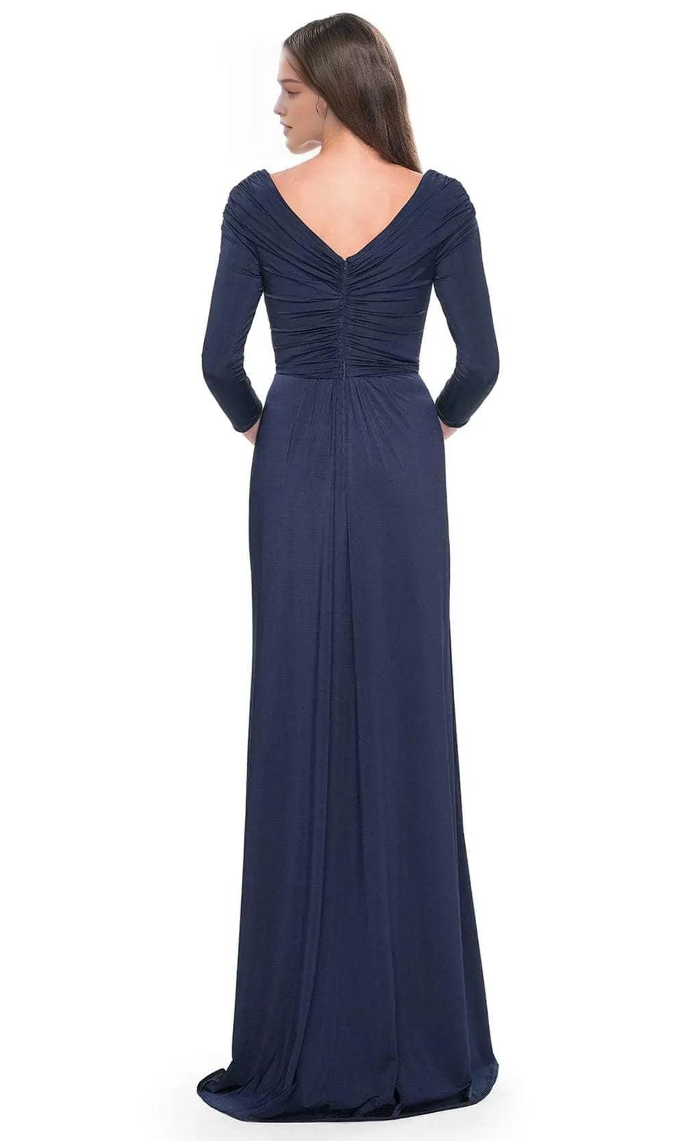 Elegant Navy Blue Long - Sleeve Evening Gown with Surplice V - Neckline Draped Bodice Asymmetric Ruffle Skirt and Figure Flattering Silhouette for Formal Black Tie Events