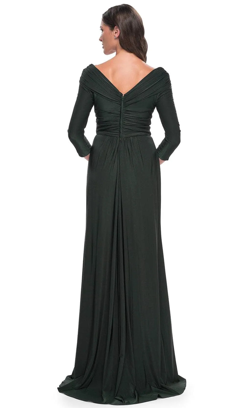 Elegant Navy Blue Long - Sleeve Evening Gown with Surplice V - Neckline Draped Bodice Asymmetric Ruffle Skirt and Figure Flattering Silhouette for Formal Black Tie Events