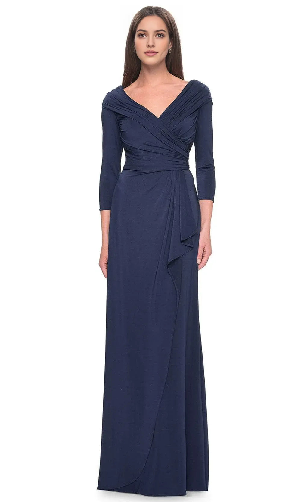 Elegant Navy Blue Long - Sleeve Evening Gown with Surplice V - Neckline Draped Bodice Asymmetric Ruffle Skirt and Figure Flattering Silhouette for Formal Black Tie Events