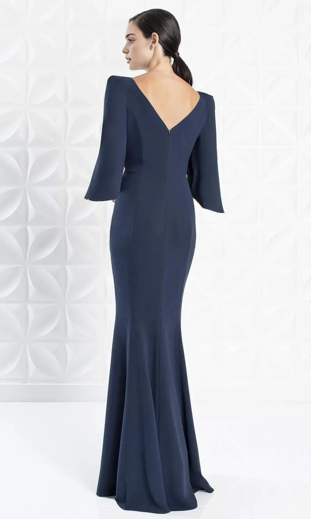 Elegant Navy Blue Mermaid Evening Dress with Cape Style Sleeves and Beaded Trim for Formal Occasions