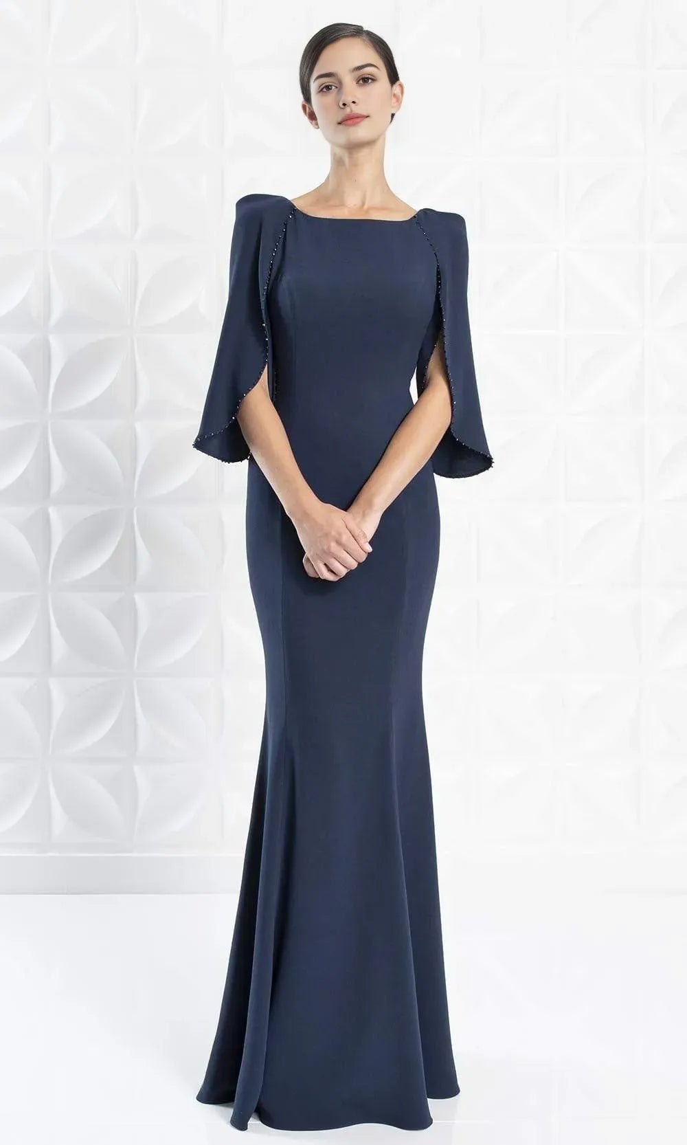 Elegant Navy Blue Mermaid Evening Dress with Cape Style Sleeves and Beaded Trim for Formal Occasions