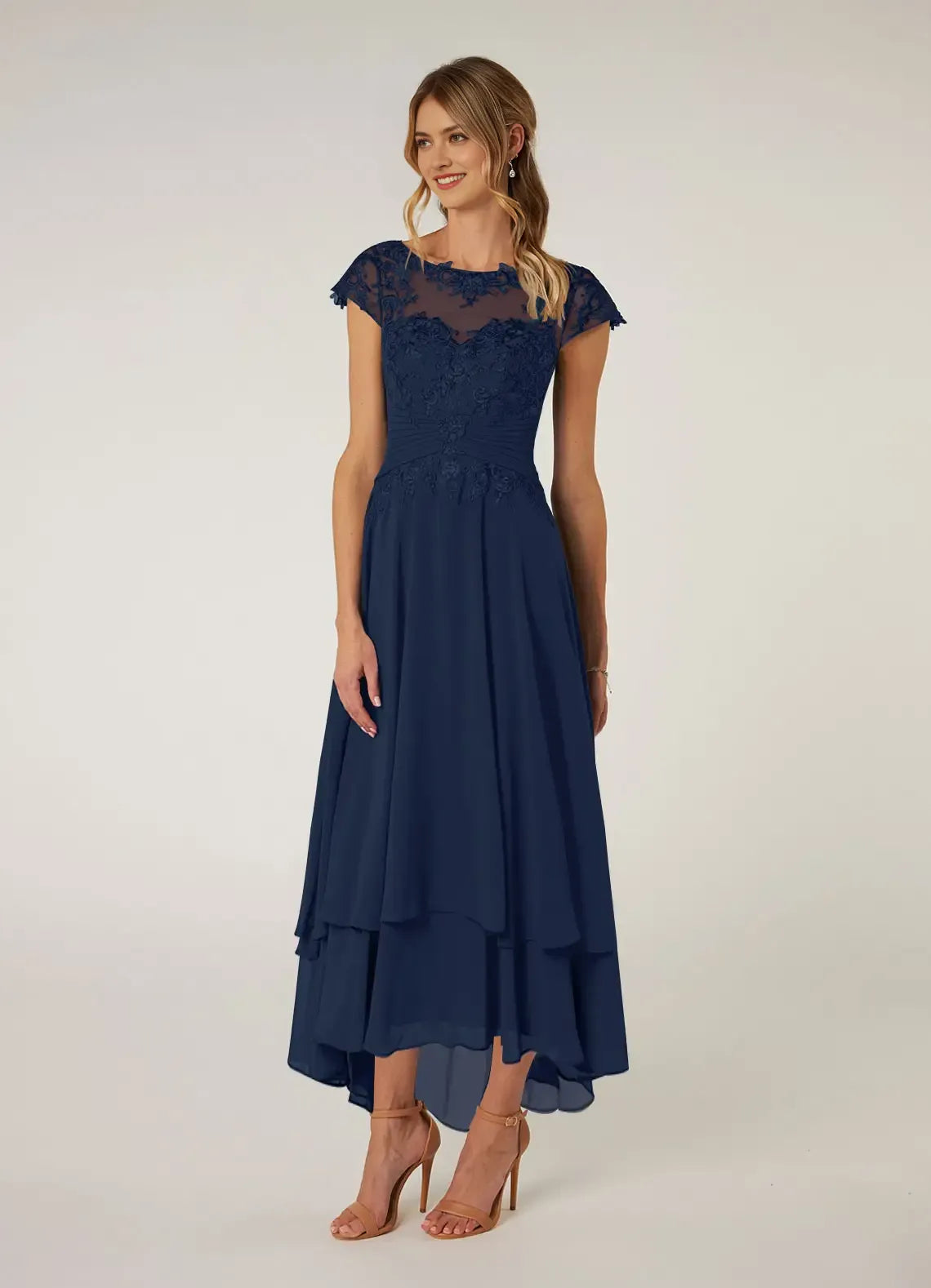 Elegant Navy Blue Mother of the Bride Dress with Sheer Lace Bodice Cap Sleeves Tiered High  Low Skirt women hot sale