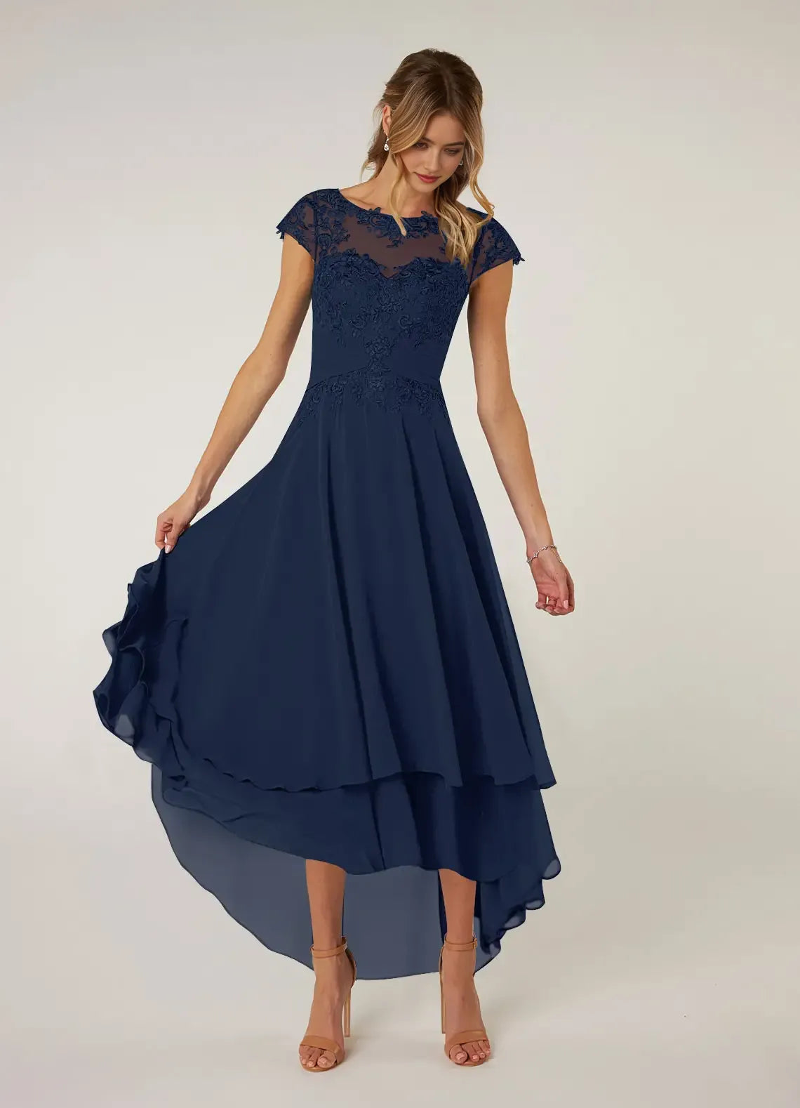 Elegant Navy Blue Mother of the Bride Dress with Sheer Lace Bodice Cap Sleeves Tiered High  Low Skirt women hot sale