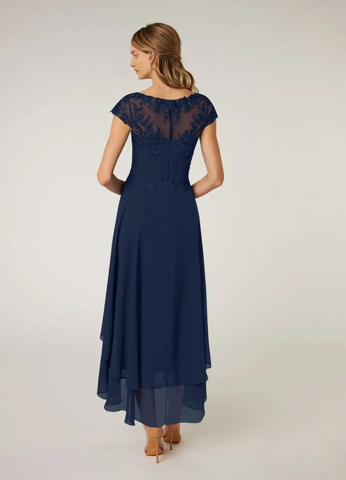 Elegant Navy Blue Mother of the Bride Dress with Sheer Lace Bodice Cap Sleeves Tiered High  Low Skirt women hot sale