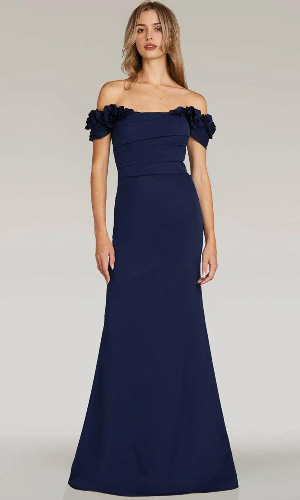 Elegant Navy Blue Off - Shoulder Evening Dresses featuring Floral Details Ruched Design and Mermaid Fit to
