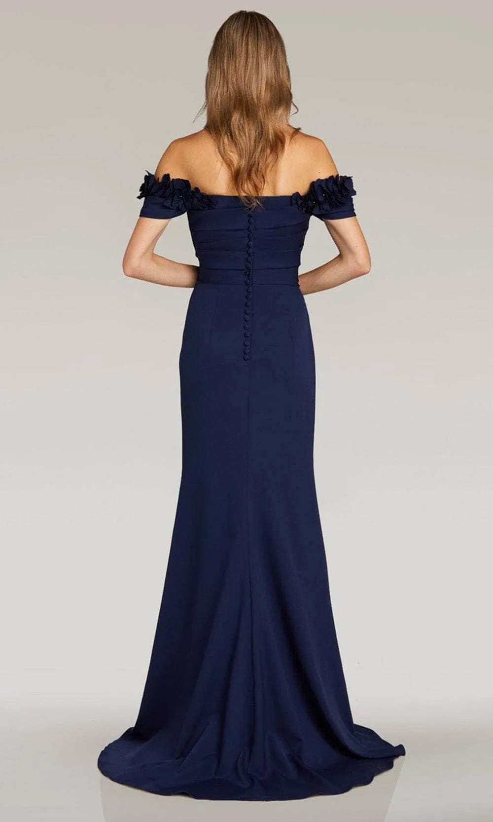 Elegant Navy Blue Off - Shoulder Evening Dresses featuring Floral Details Ruched Design and Mermaid Fit to