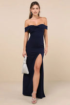 Elegant Navy Blue Off - Shoulder Evening Dresses with Twisted Front High Side Slit Perfect for Sophisticated Formal Galas