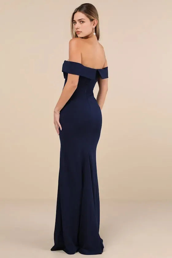 Elegant Navy Blue Off - Shoulder Evening Dresses with Twisted Front High Side Slit Perfect for Sophisticated Formal Galas