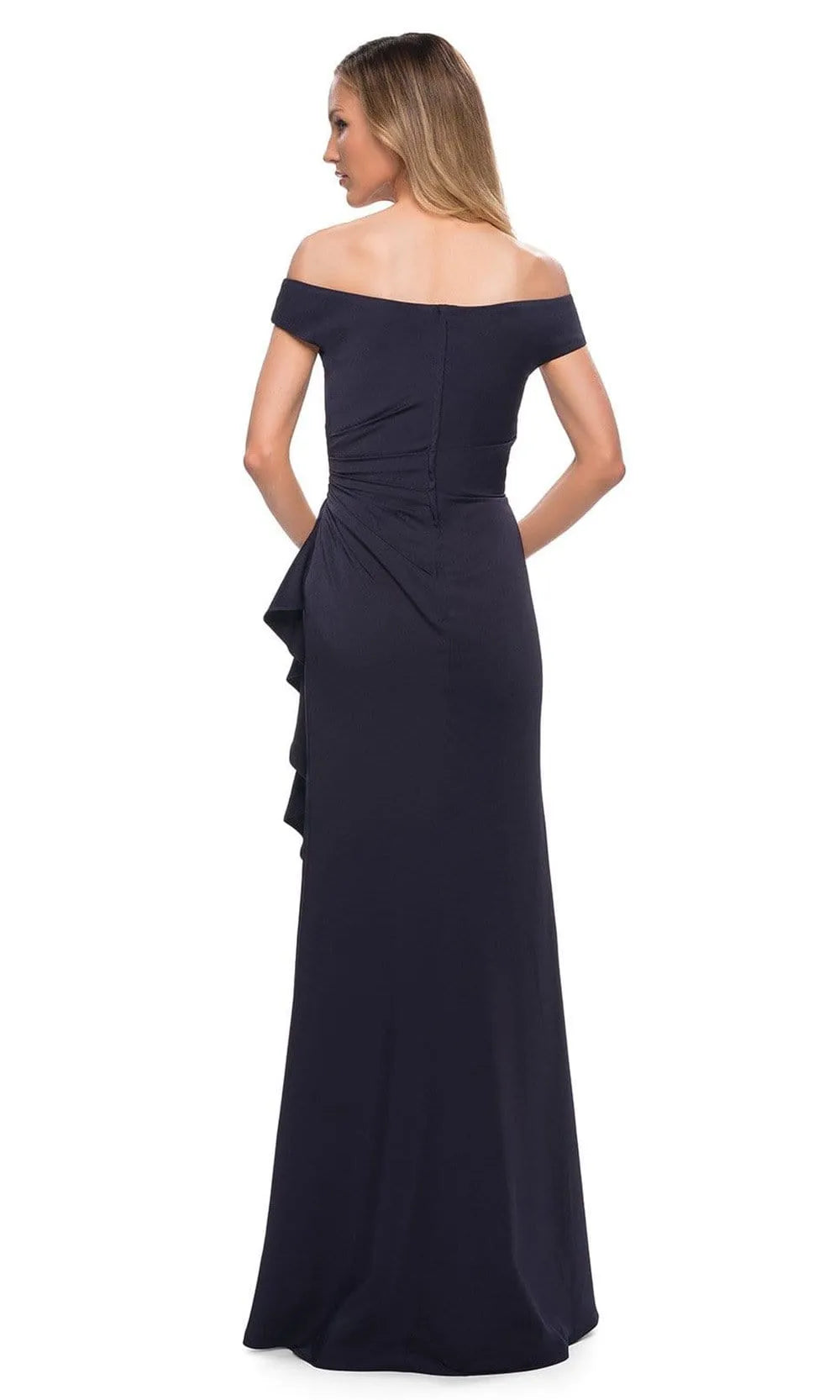 Elegant Navy Blue Off - Shoulder Evening Dress with Asymmetric Ruffle Detail and Draped Bodice for