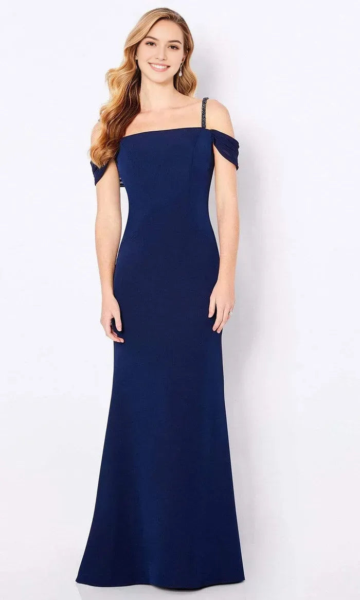 Elegant Navy Blue Off Shoulder Evening Gown with Embellished Strap and Mermaid Silhouette