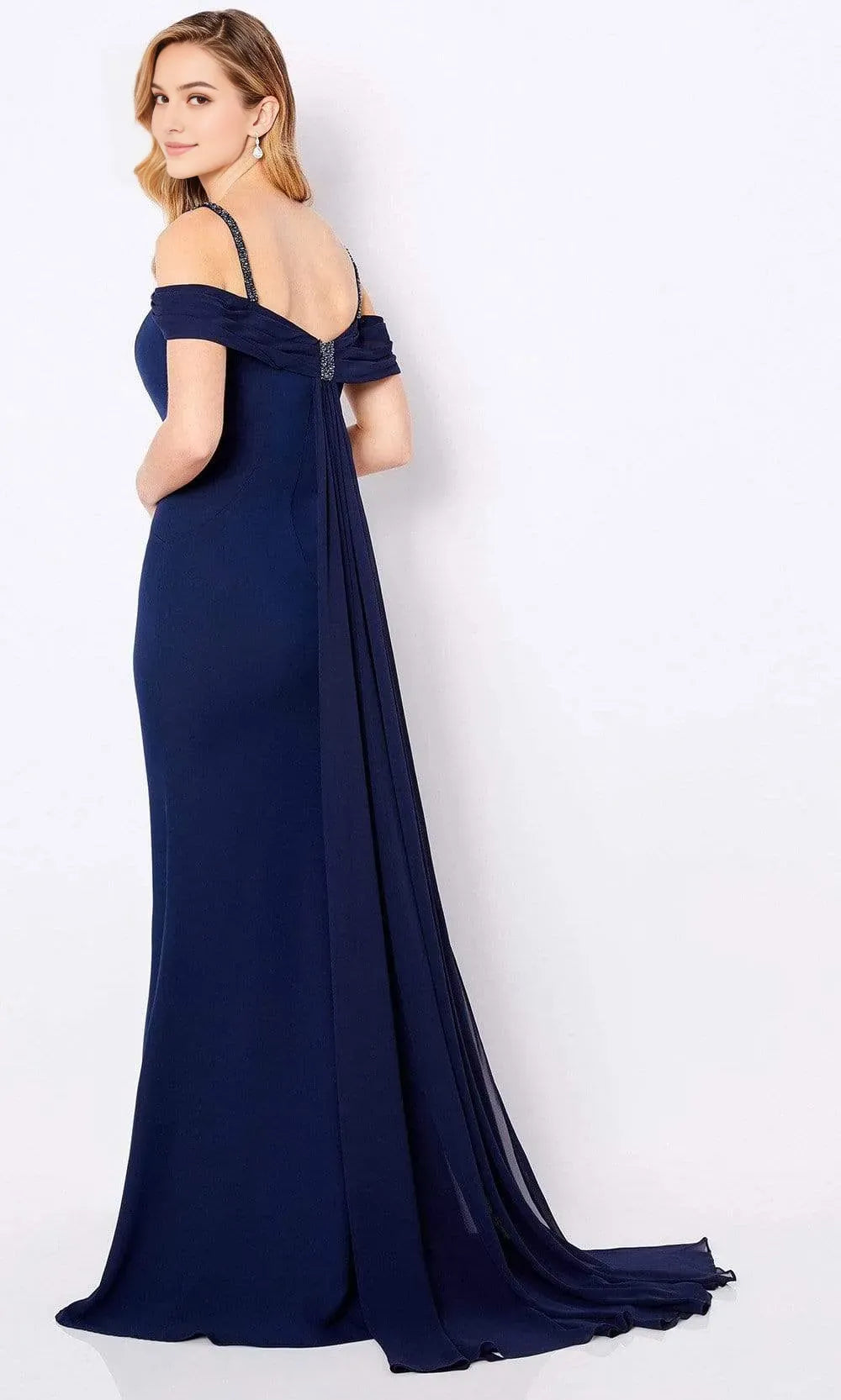 Elegant Navy Blue Off Shoulder Evening Gown with Embellished Strap and Mermaid Silhouette
