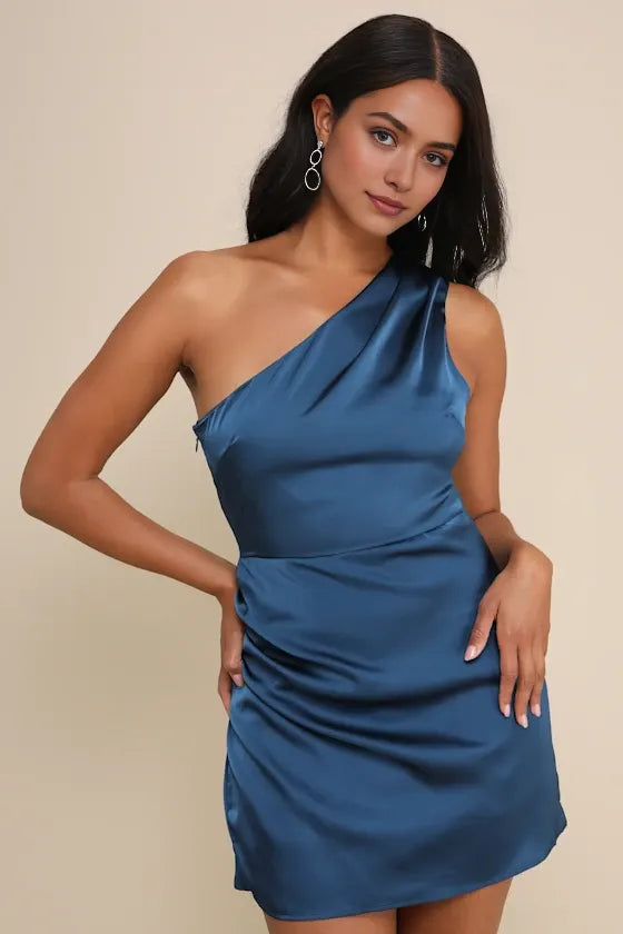 Elegant Navy Blue One - Shoulder Ruched Homecoming Dress Crafted from Luxe Satin FabricIdeal for Sophisticated Teen Styles at School Dances  Memorable Formal Occasions