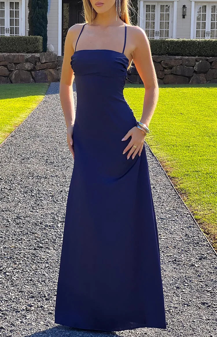 Elegant Navy Blue Prom Dress Spaghetti Straps Strapless Inspired Neckline Floor  Length Silhouette for a Sophisticated Glam Look