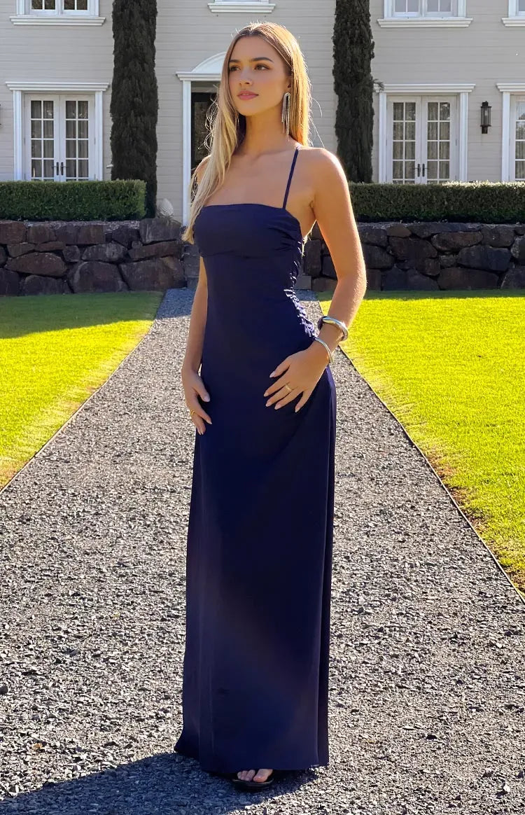 Elegant Navy Blue Prom Dress Spaghetti Straps Strapless Inspired Neckline Floor  Length Silhouette for a Sophisticated Glam Look