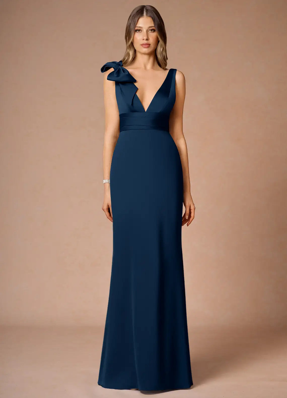 Elegant Navy Blue Prom Dress with Deep V - Neckline and Asymmetric Bow Detail for Formal Occasions