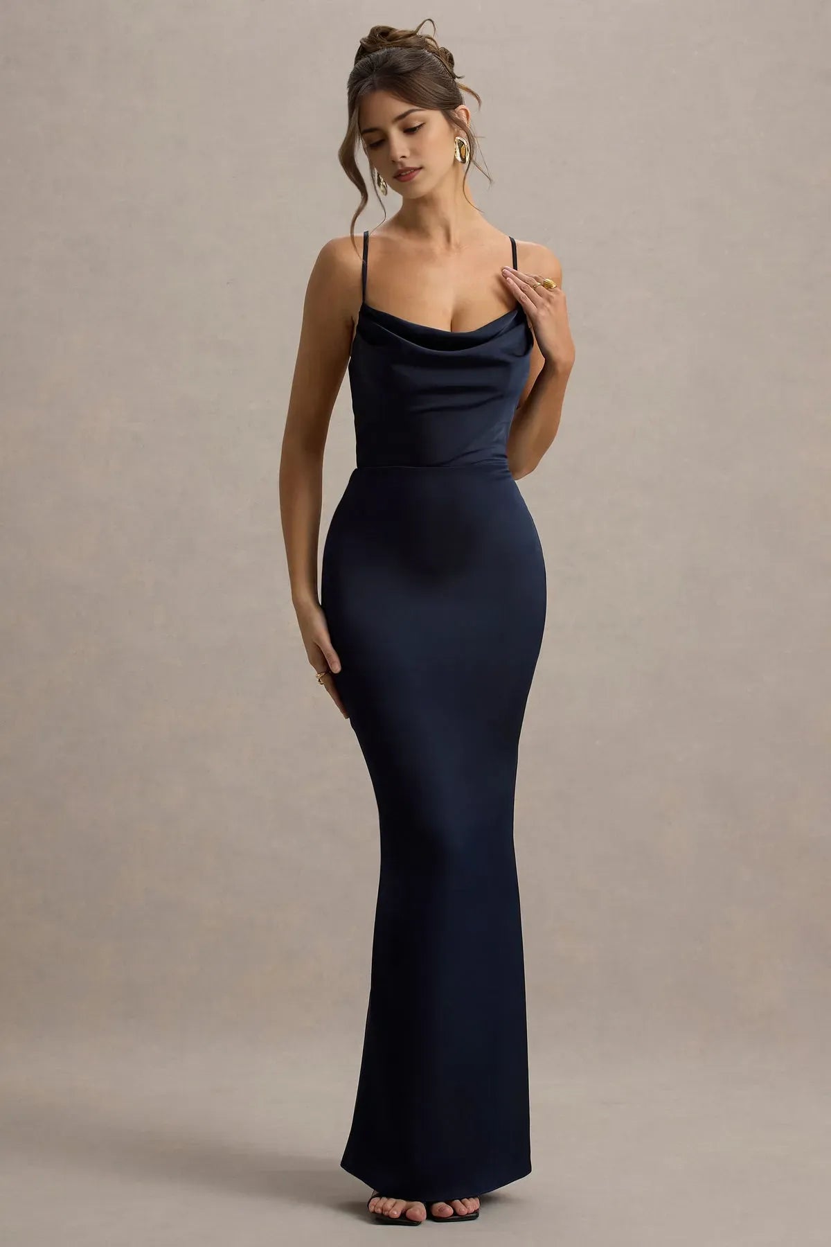 Elegant Navy Blue Satin Cowl Neck Mermaid Gown with Thin Spaghetti Straps Perfect for Formal Proms Black Tie Galas and Sophisticated Evening Events