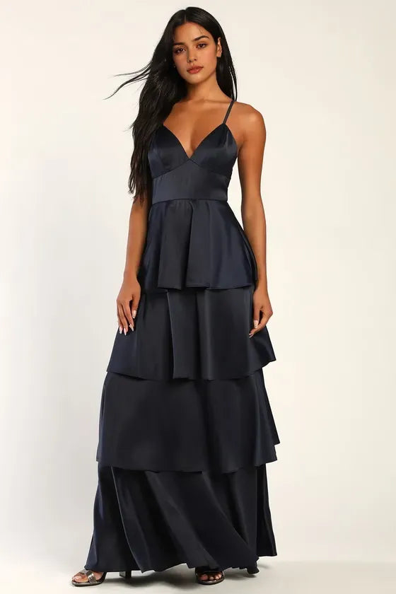 Elegant Navy Blue Satin Evening Dresses with Spaghetti Straps, Plunging V - Neck and Tiered Peplum Skirt for Sophisticated Black