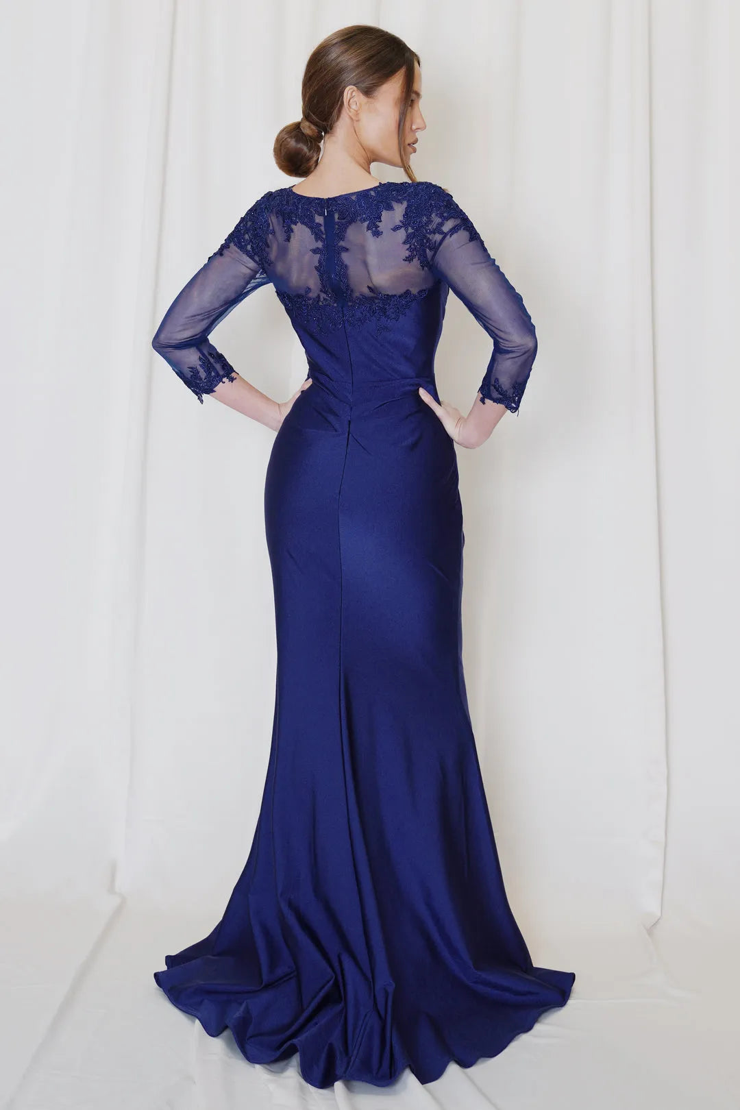 Elegant Navy Blue Satin Mermaid Prom Dress with Sheer Lace Embellished Neckline and 3/4 Sleeves for Formal Occasions