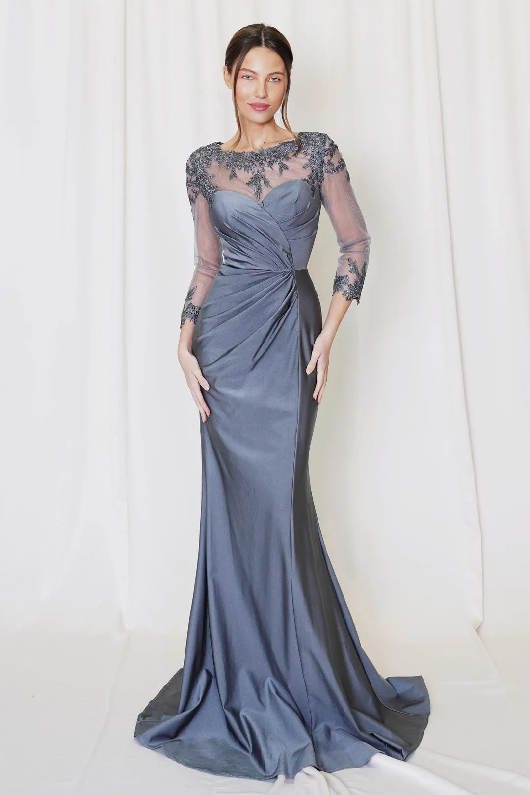 Elegant Navy Blue Satin Mermaid Prom Dress with Sheer Lace Embellished Neckline and 3/4 Sleeves for Formal Occasions