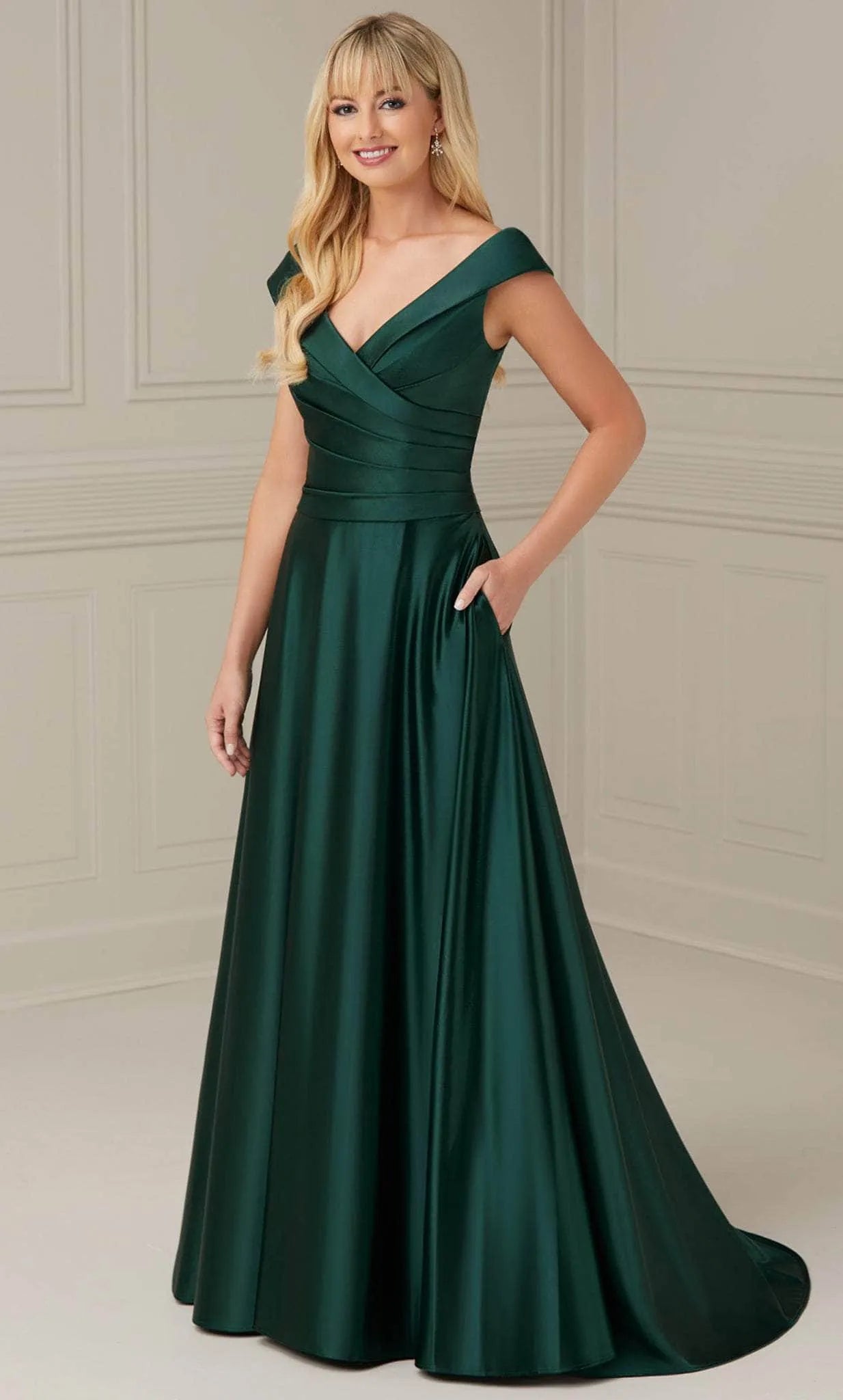 Elegant Navy Blue Satin Off Shoulder Evening Dresses with Cross Front Bodice and Flowing A - Line Skirt Perfect