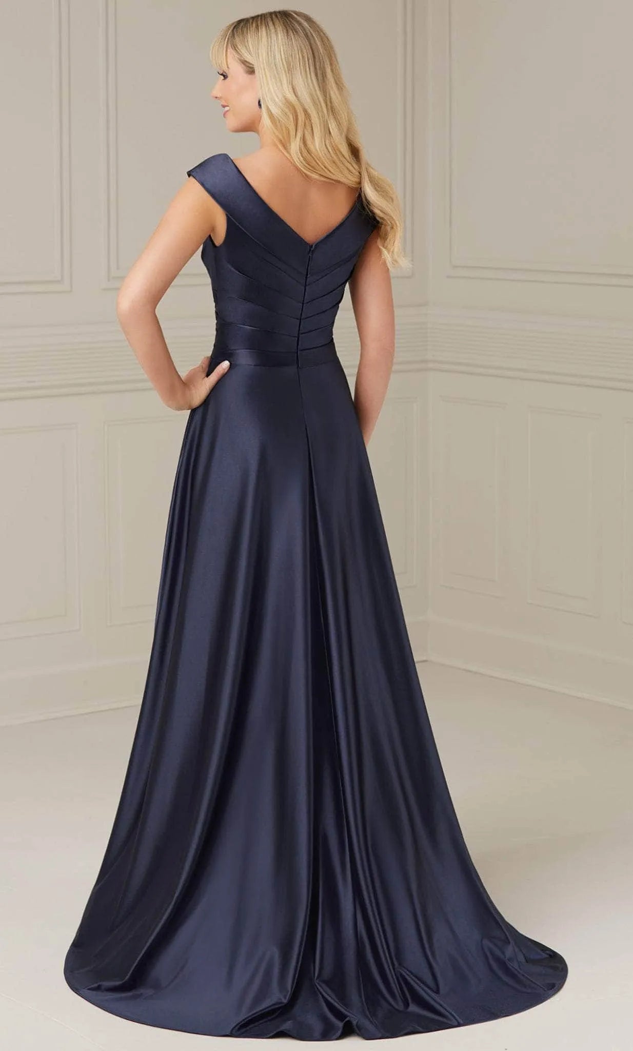 Elegant Navy Blue Satin Off Shoulder Evening Dresses with Cross Front Bodice and Flowing A - Line Skirt Perfect