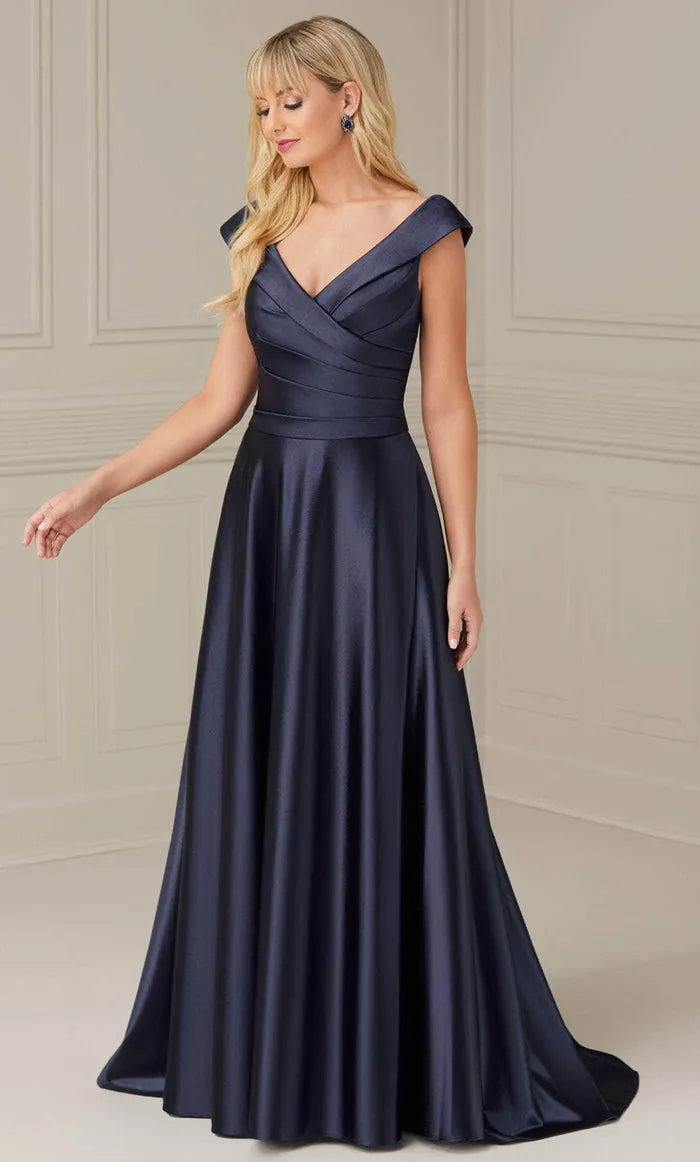 Elegant Navy Blue Satin Off Shoulder Evening Dresses with Cross Front Bodice and Flowing A - Line Skirt Perfect
