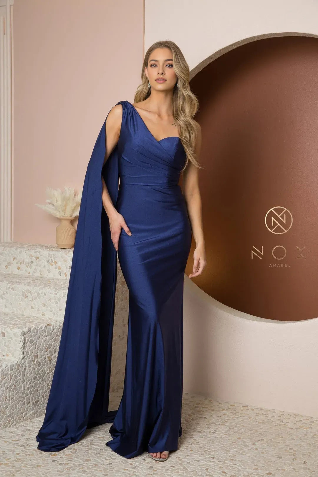 Elegant Navy Blue Satin One - Shoulder Prom Dress with Draped Cape Sleeve and Mermaid Silhouette for Formal Galas
