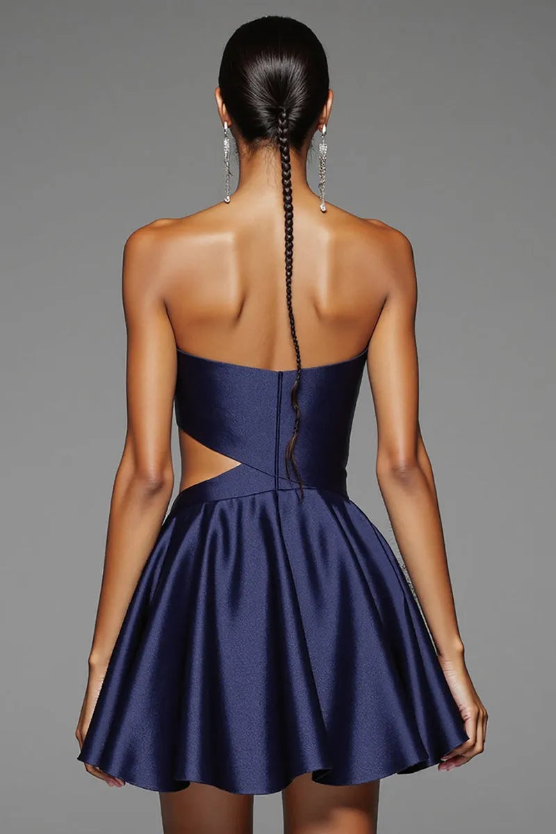 Elegant Navy Blue Satin Strapless Homecoming Dress with Bow Detail and Cut - Out