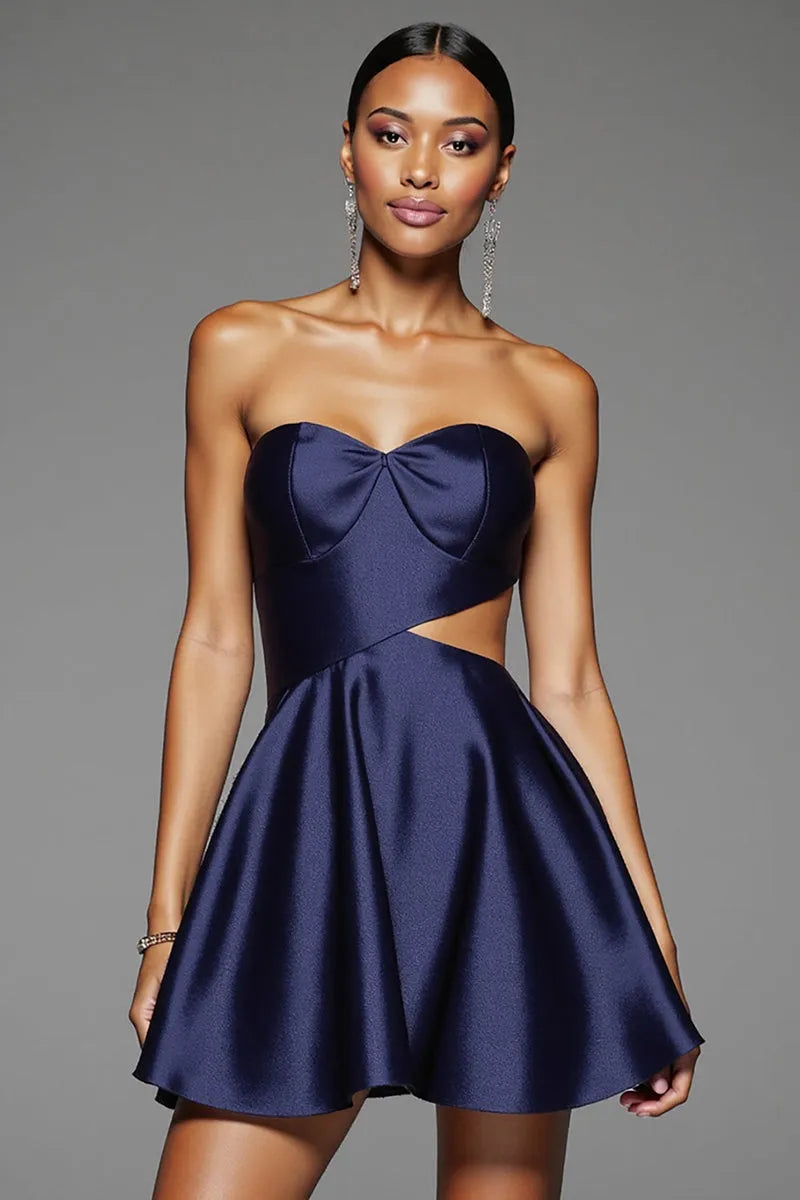 Elegant Navy Blue Satin Strapless Homecoming Dress with Bow Detail and Cut - Out