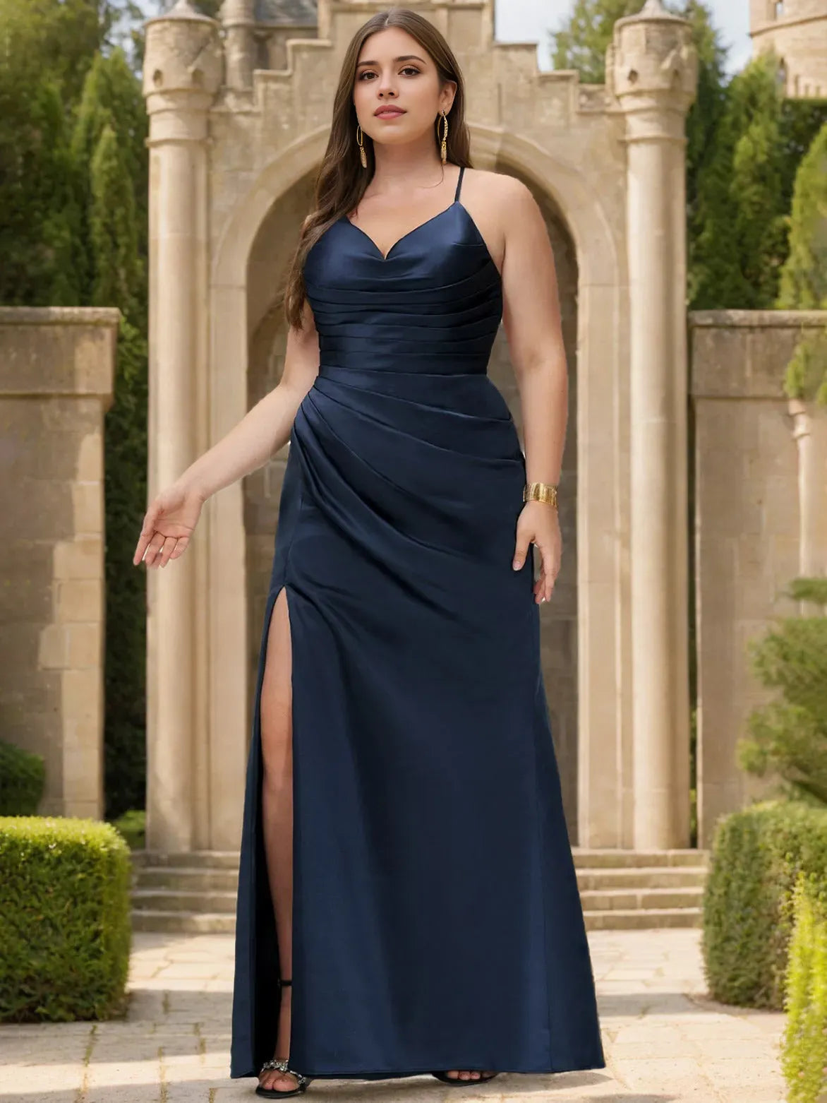 Elegant Navy Blue Sheath/Column V-Neck Sleeveless Back Zip Pleated Lace-Up Slit Satin Floor-Length Plus Size Prom Dresses