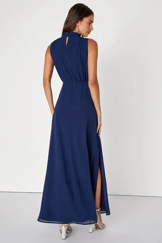 Elegant Navy Blue Sleeveless Long Satin slit Evening Dresses with High Neckline Pleated Bodice