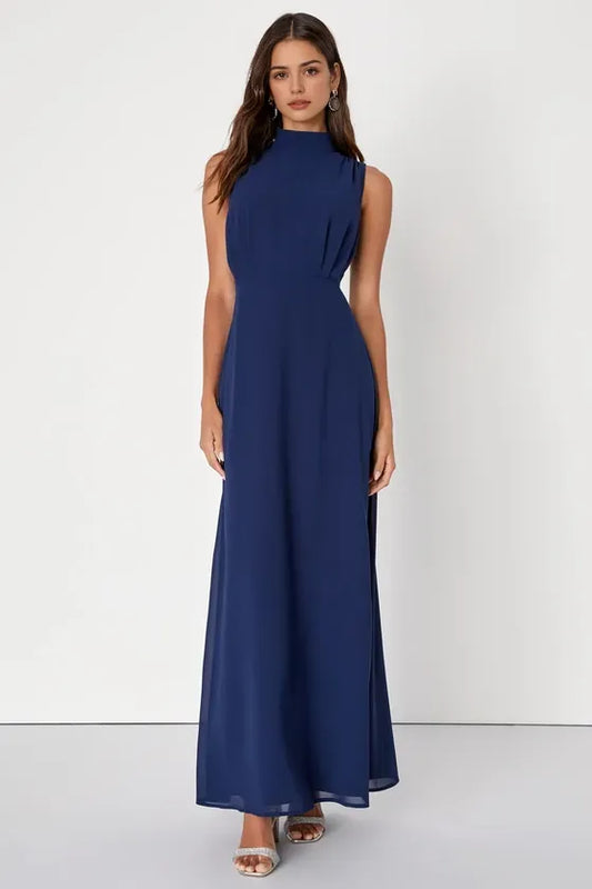 Elegant Navy Blue Sleeveless Long Satin slit Evening Dresses with High Neckline Pleated Bodice