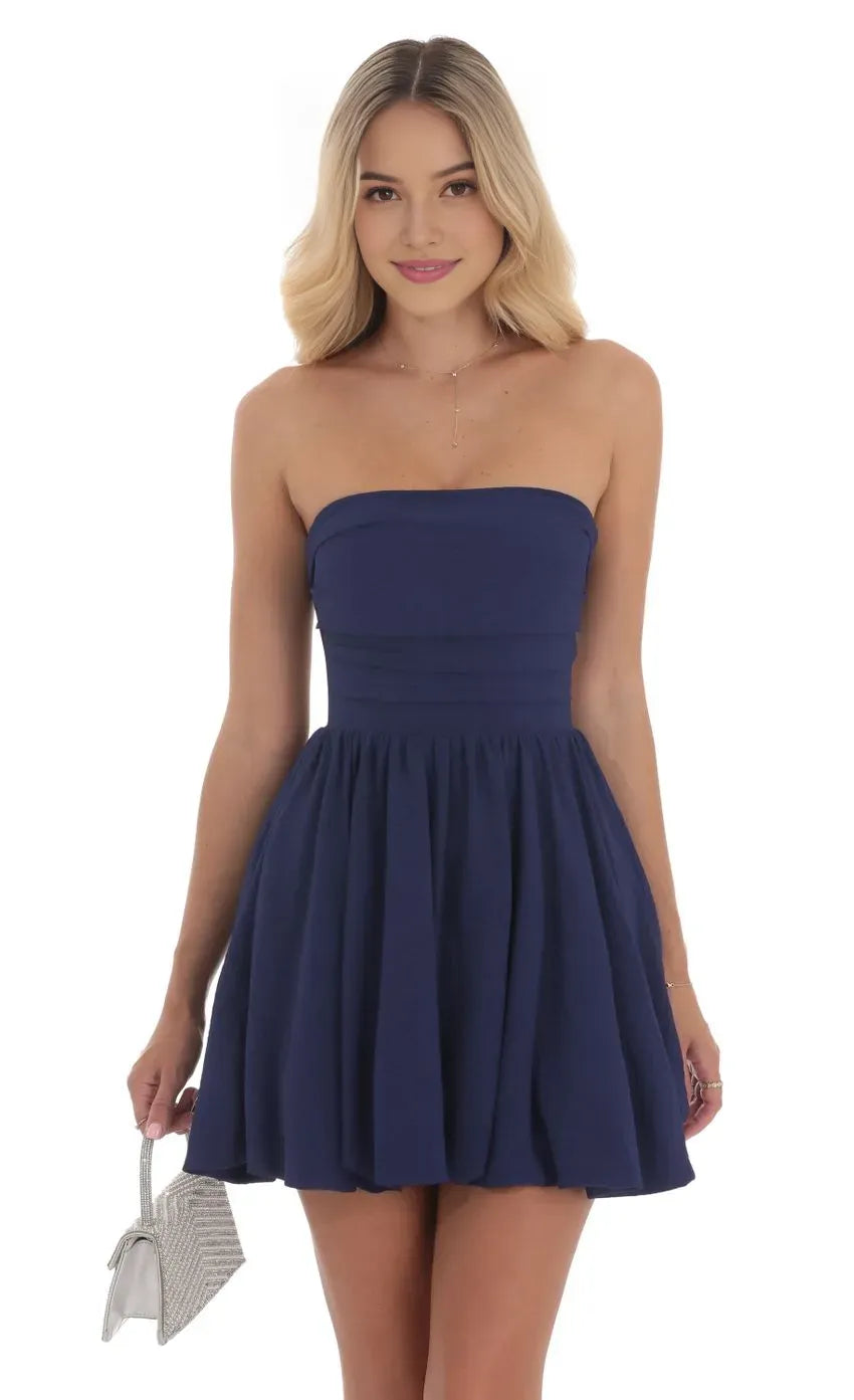 Elegant Navy Blue Strapless Mini Dress with Flared Skirt  Perfect for Homecoming  School Dances