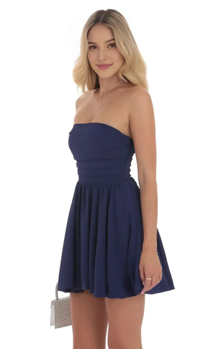 Elegant Navy Blue Strapless Mini Dress with Flared Skirt  Perfect for Homecoming  School Dances