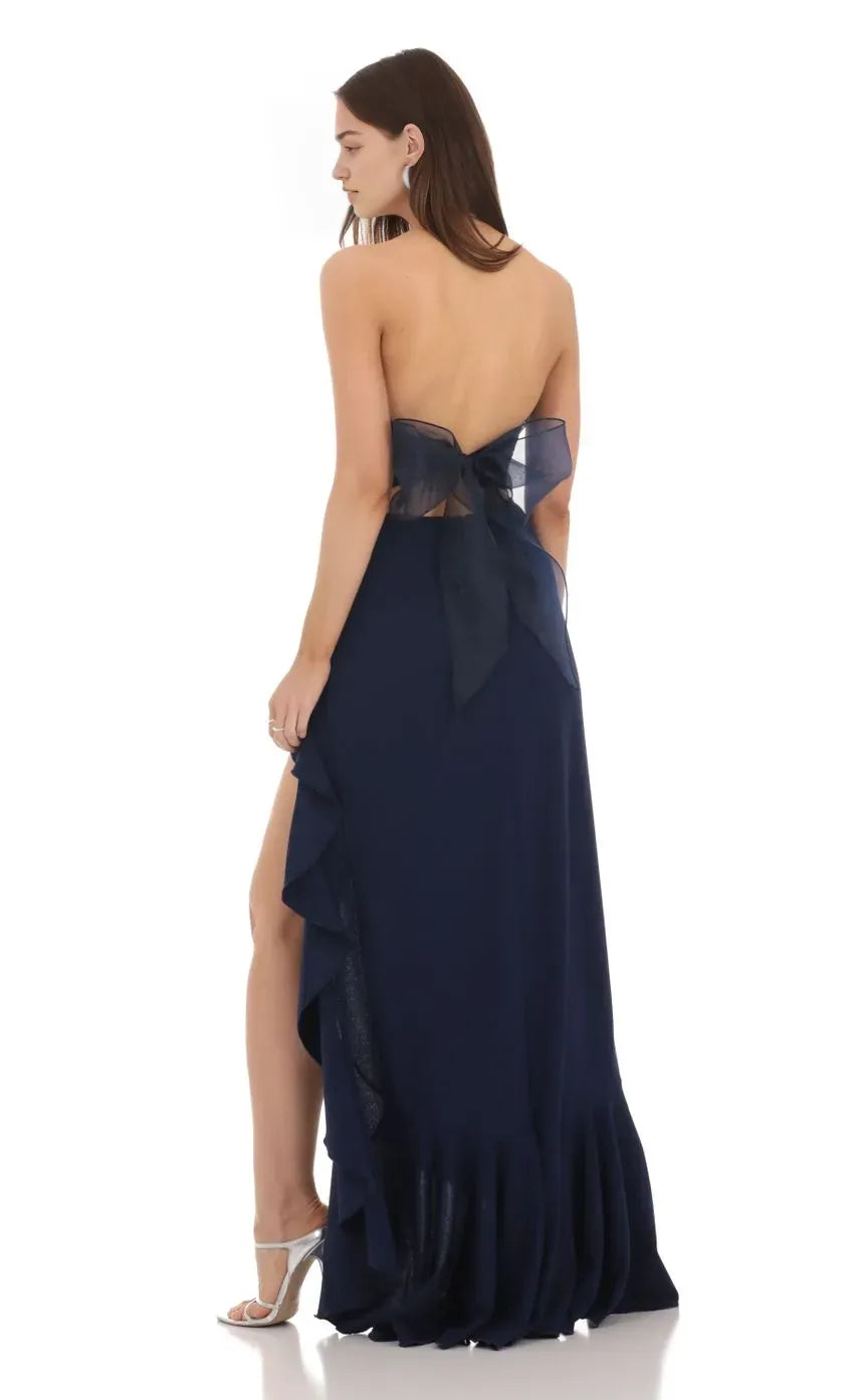 Elegant Navy Blue Strapless Prom Dress with Asymmetric Ruffled Slit and Bow Accent  Perfect for Formal Galas and Prom Nights