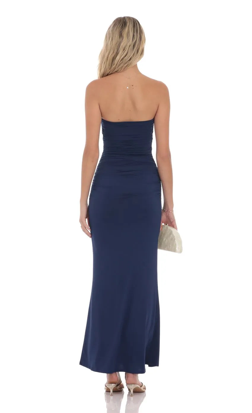 Elegant Navy Blue Strapless Prom Dress with Gold Ornament Ruched Bodice Floor Length Silhouette for Formal Evening Events