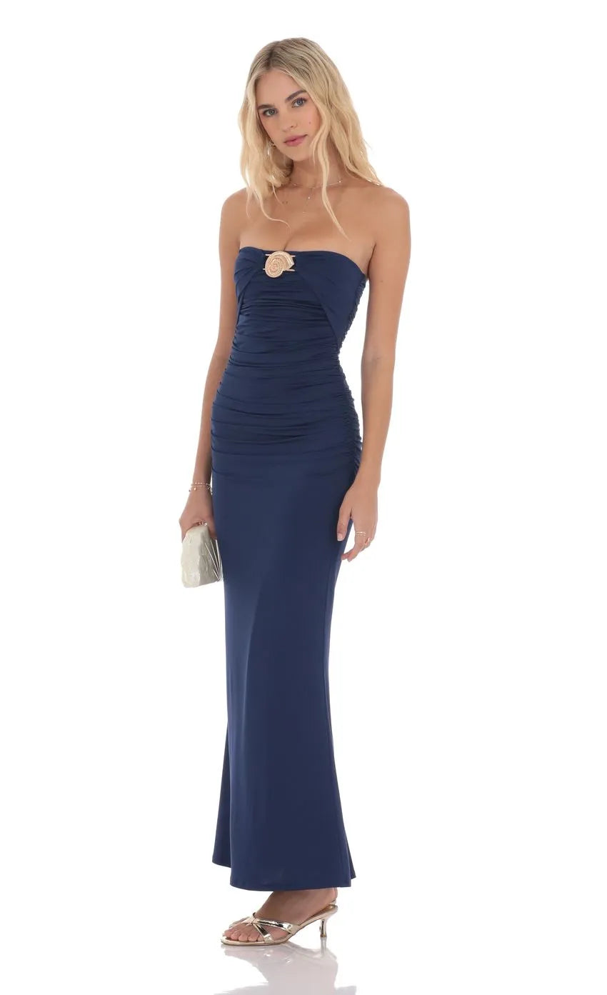 Elegant Navy Blue Strapless Prom Dress with Gold Ornament Ruched Bodice Floor Length Silhouette for Formal Evening Events