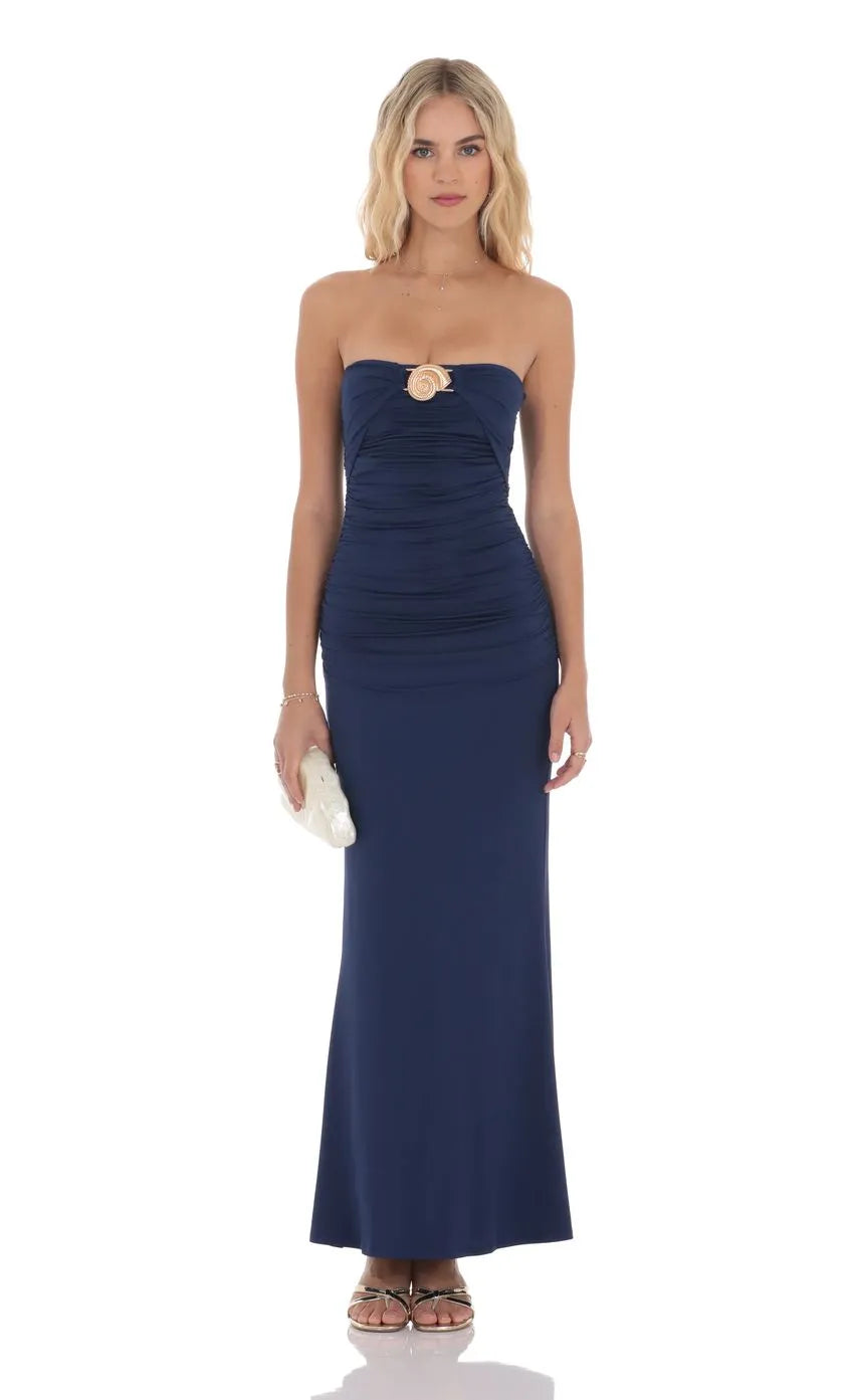 Elegant Navy Blue Strapless Prom Dress with Gold Ornament Ruched Bodice Floor Length Silhouette for Formal Evening Events