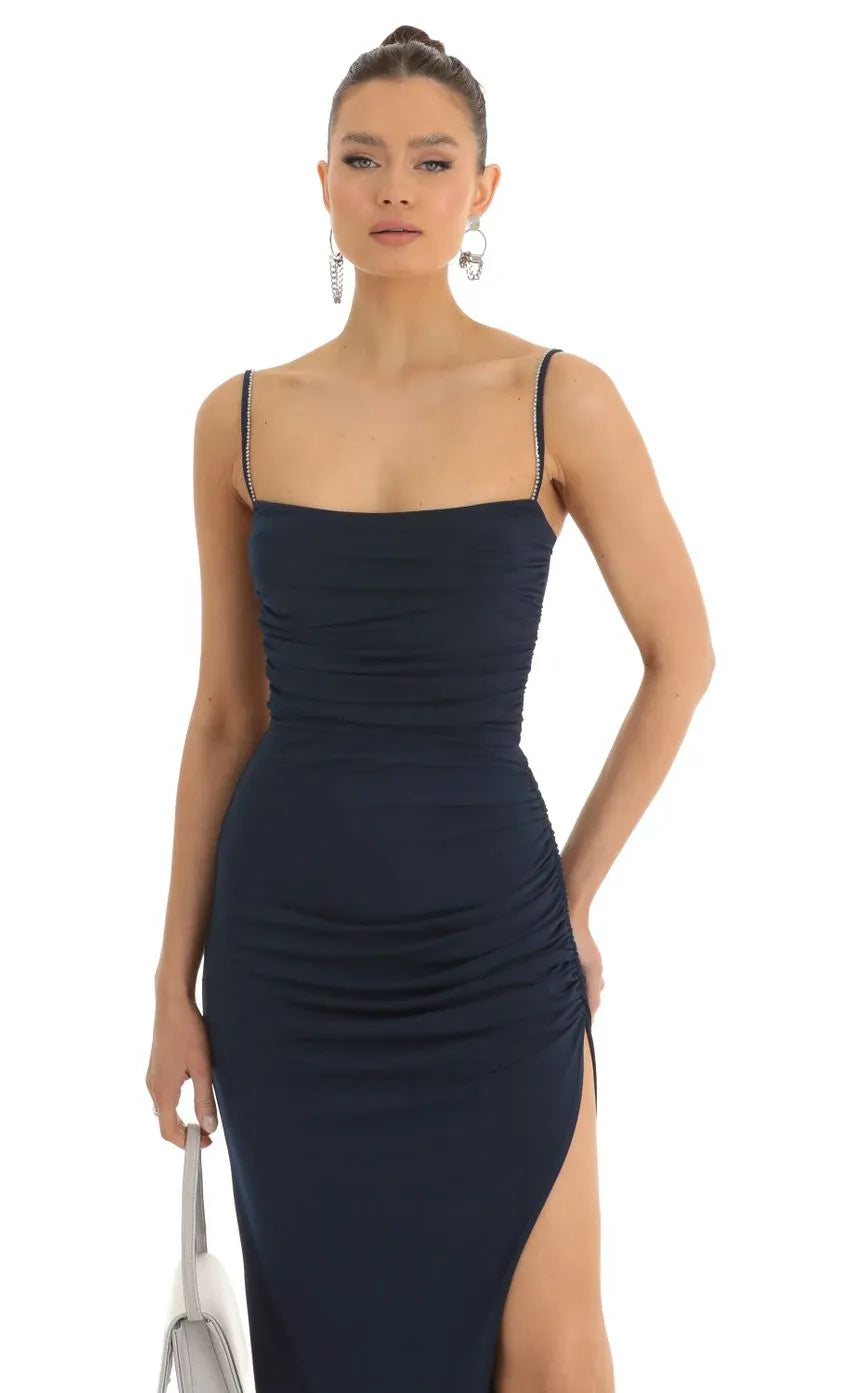 Elegant Navy Blue Strappy Prom Dress Ruched Bodice Square Neckline High Asymmetric Slit  Shine at Prom Night