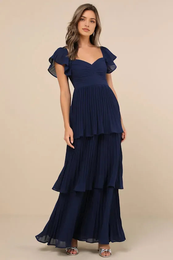 Elegant Navy Blue Sweetheart Neckline Ruffled Sleeve Tiered Prom Dresses Perfect for Proms Balls and Formal Occasions Flowy Chiffon Fabric for Graceful Movement