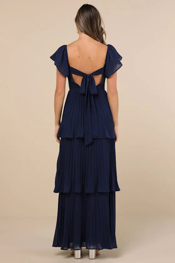 Elegant Navy Blue Sweetheart Neckline Ruffled Sleeve Tiered Prom Dresses Perfect for Proms Balls and Formal Occasions Flowy Chiffon Fabric for Graceful Movement