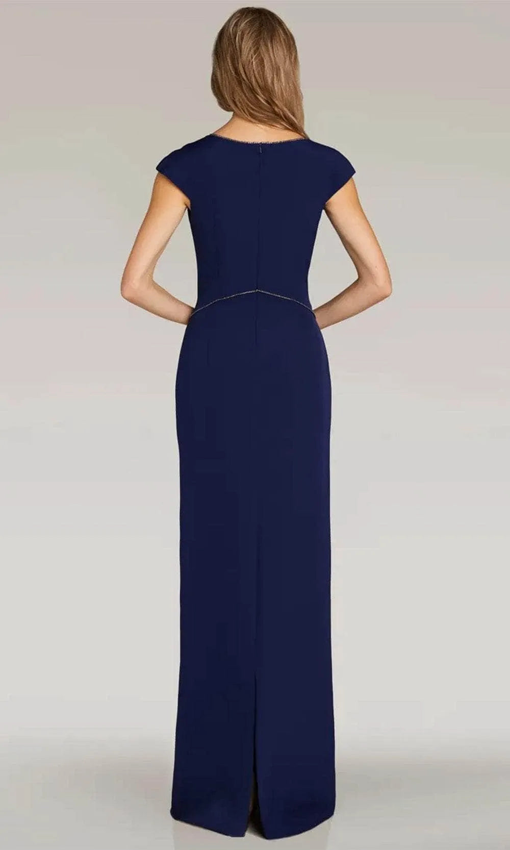 Elegant Navy Blue V - Neck Evening Dress with Cap Sleeves Bow Accent and Decorative Stitching