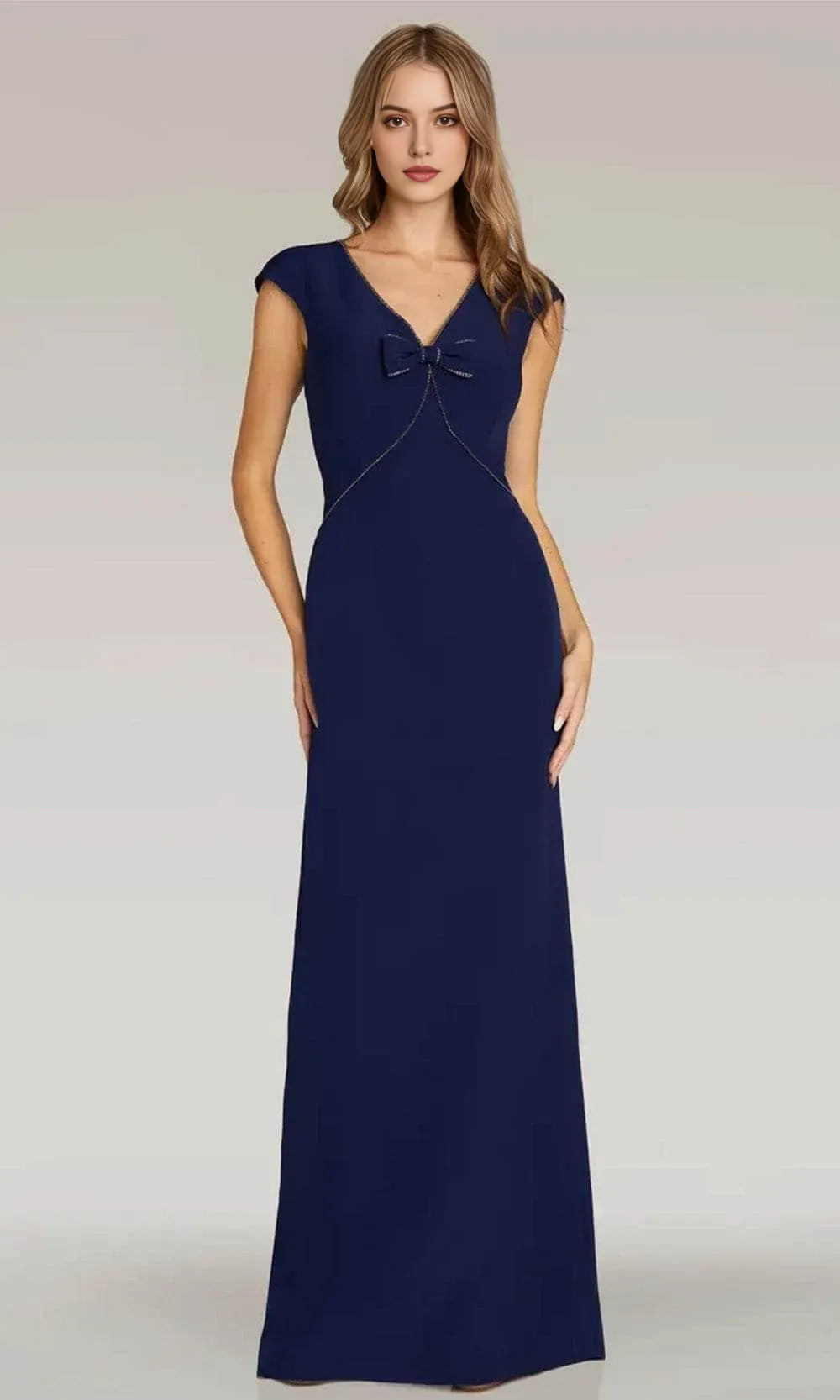 Elegant Navy Blue V - Neck Evening Dress with Cap Sleeves Bow Accent and Decorative Stitching